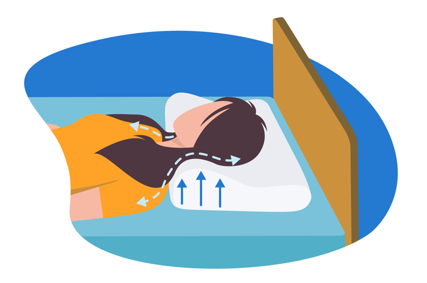 Ilustração de uma mulher deitada na cama de barriga para cima, com a cabeça apoiada em um travesseiro ortopédico.